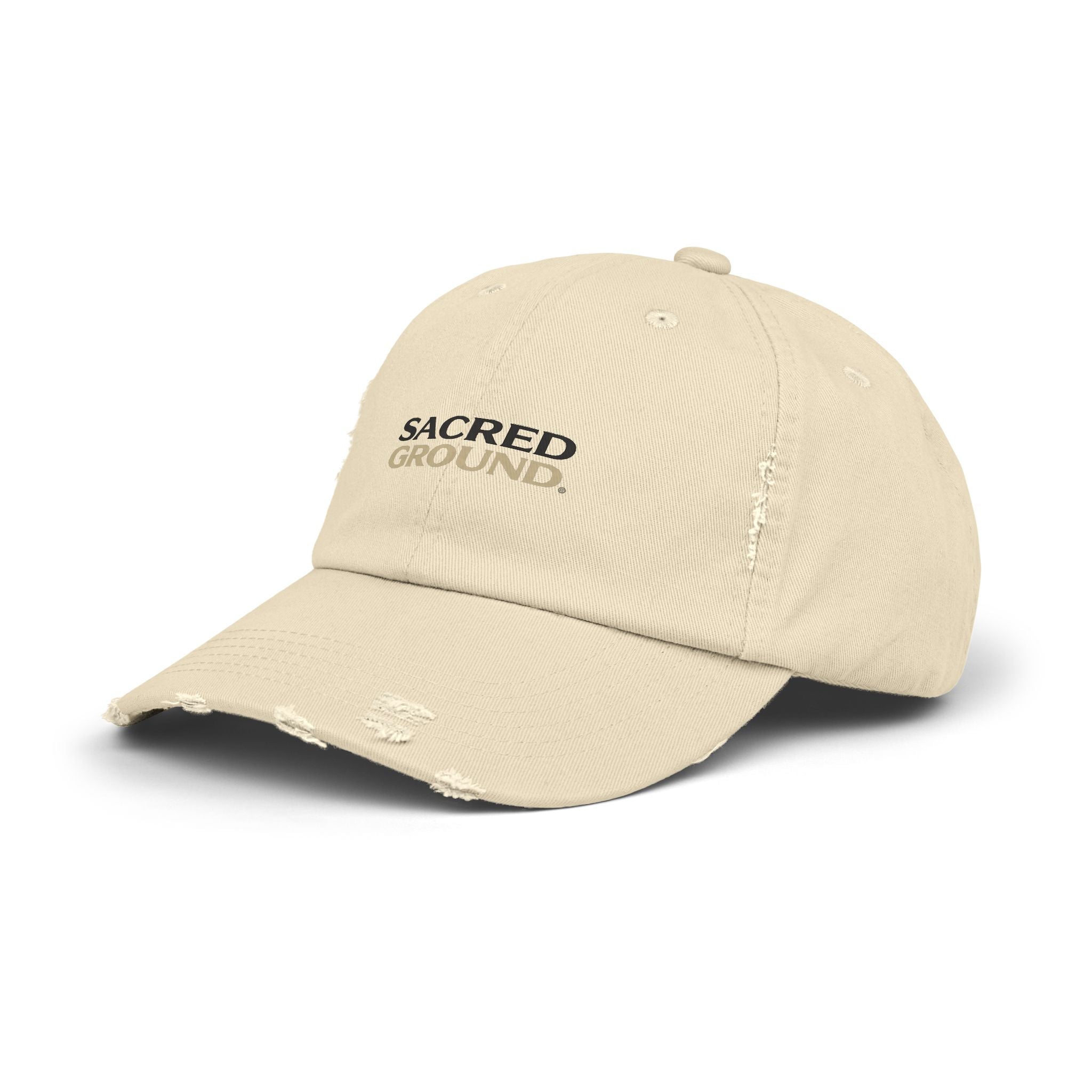 Sacred Ground Distressed Cap — Vintage Washed Baseball Hat with 'SACRED GROUND' Text