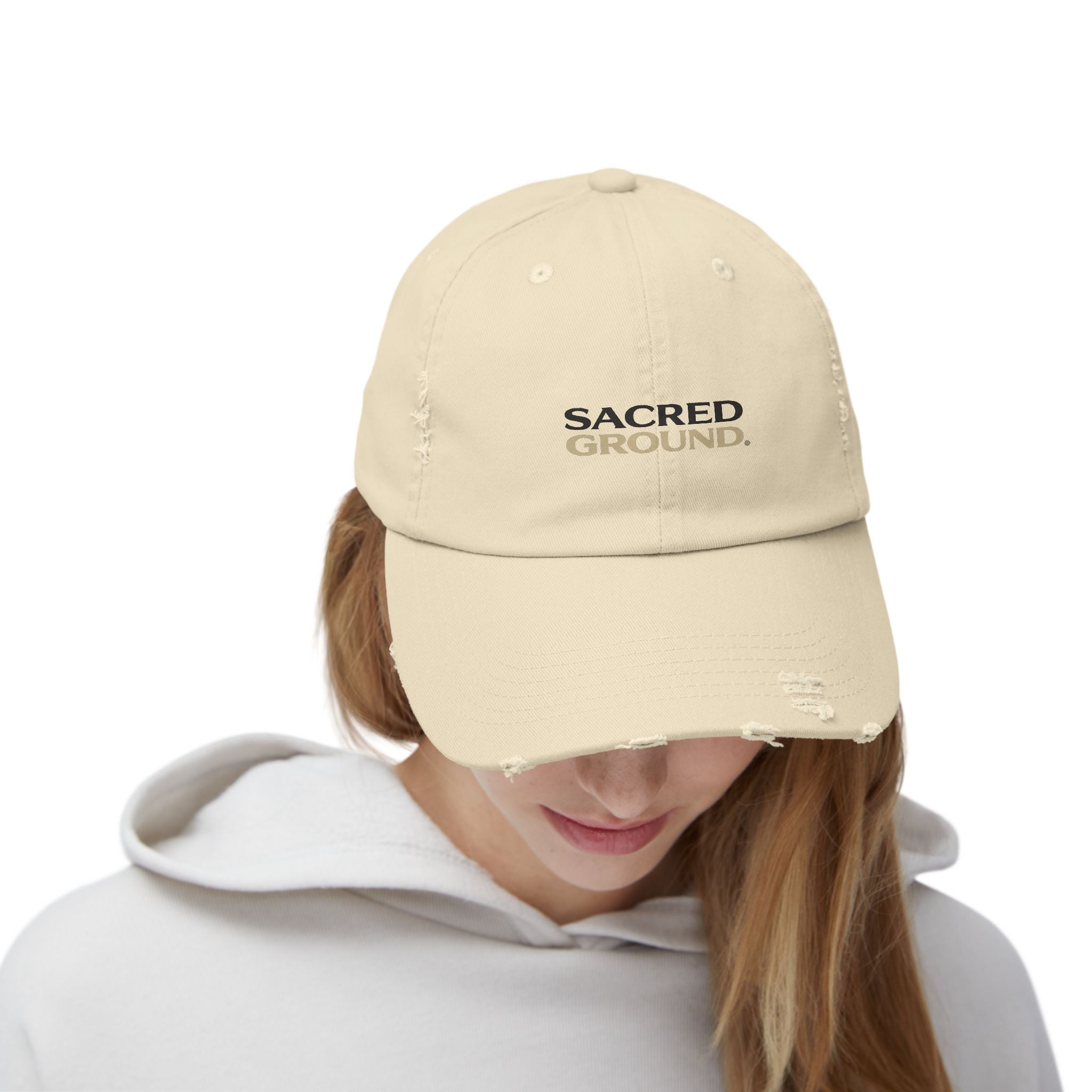 Sacred Ground Distressed Cap — Vintage Washed Baseball Hat with 'SACRED GROUND' Text