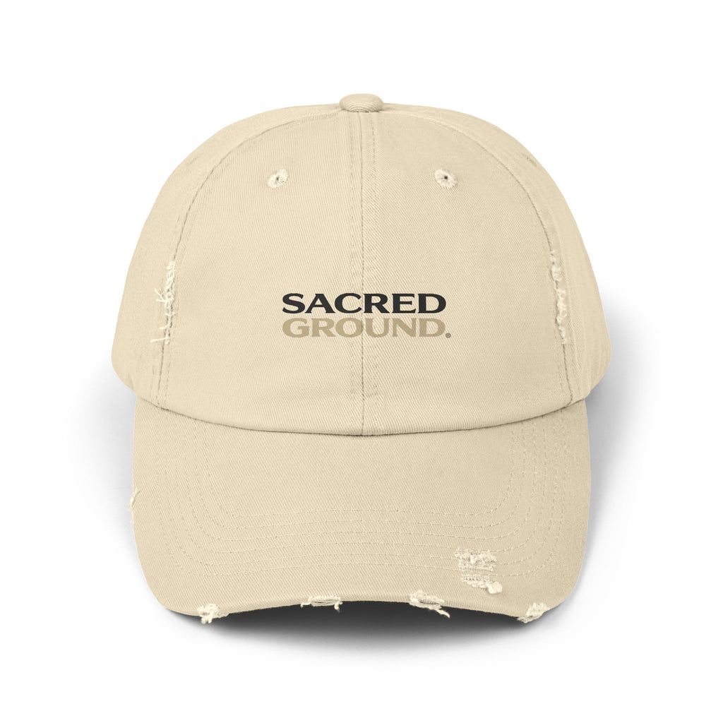 Sacred Ground Distressed Cap — Vintage Washed Baseball Hat with 'SACRED GROUND' Text