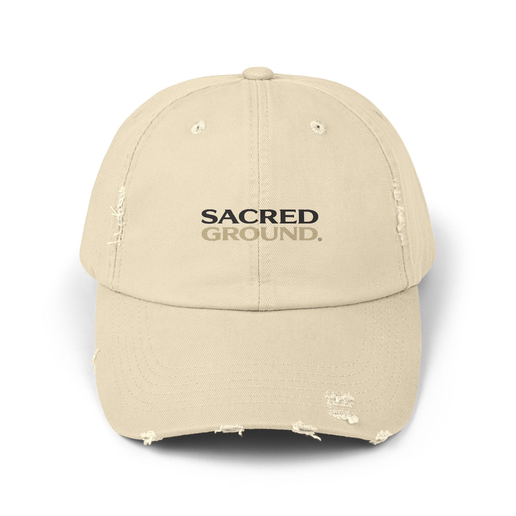 Sacred Ground Distressed Cap — Vintage Washed Baseball Hat with 'SACRED GROUND' Text